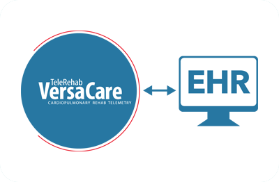Diagram showing a connection between teleRehab VersaCare Cardiopulmonary Rehab telemetry and EHR